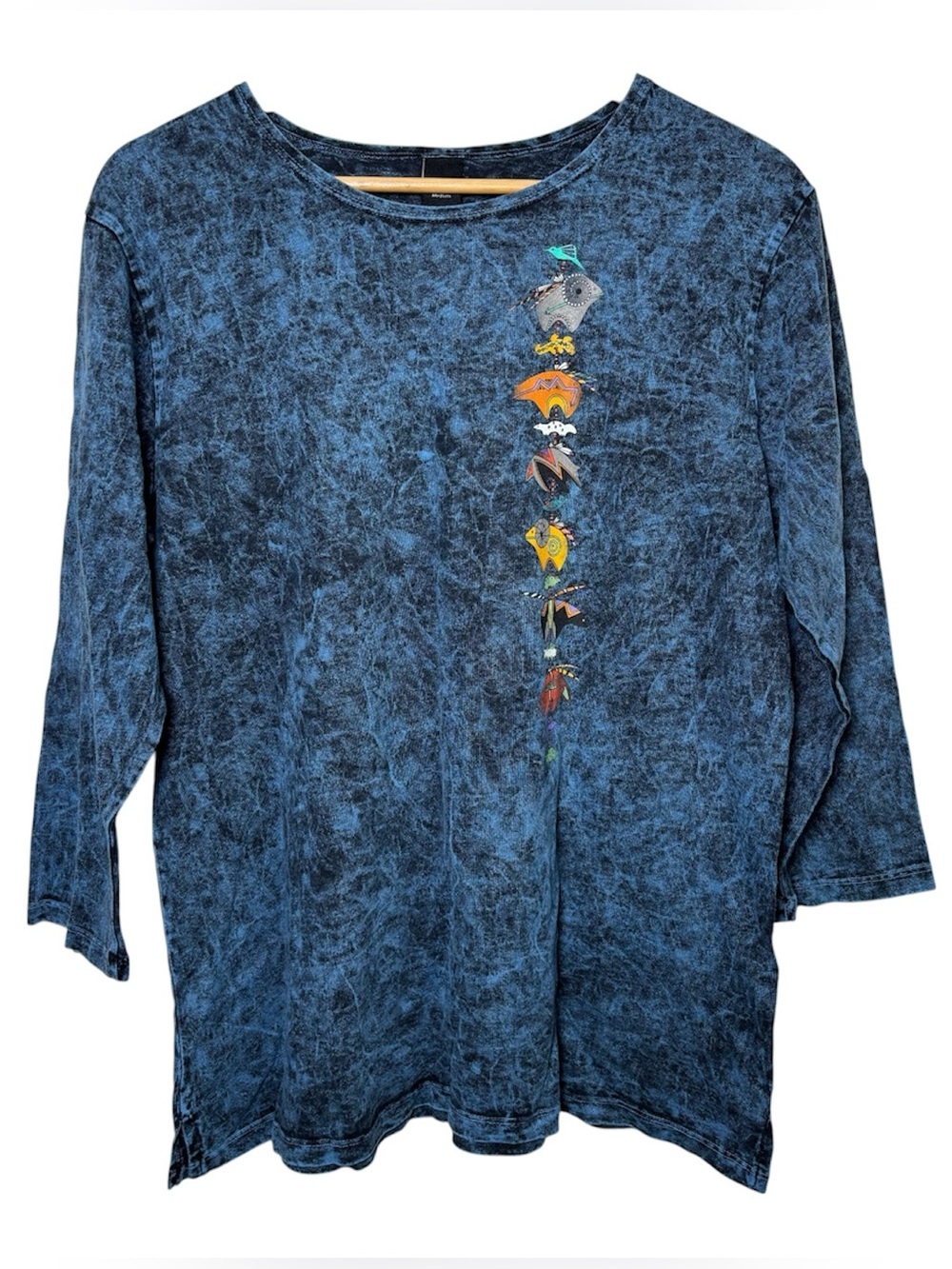 Sabaku Artwear Top Shirt Women Medium Acid Wash Blue Graphic Southwest Made USA